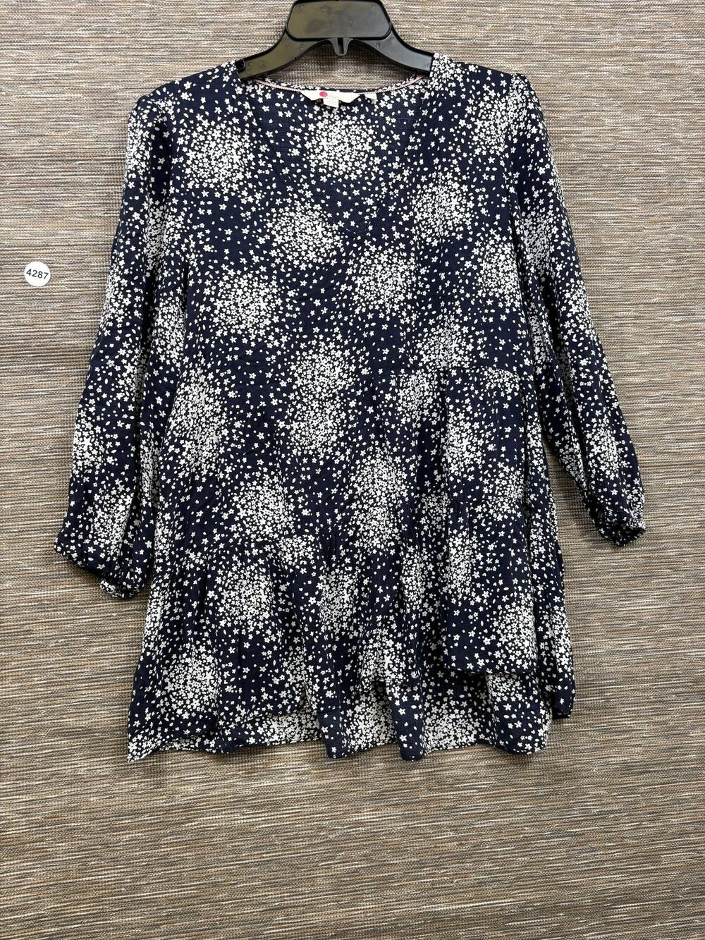 Boden Dress Womens 8 Blue Floral Ruffle Trapeze Swing 3/4 Sleeve Short Casual
